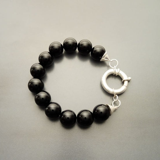 Onyx Stone Bracelet - Black Onyx stones balls Bracelet - 10mm ball Beads - Sterling Silver - Spring Ring Clasp - Gemstone Beaded Bracelet