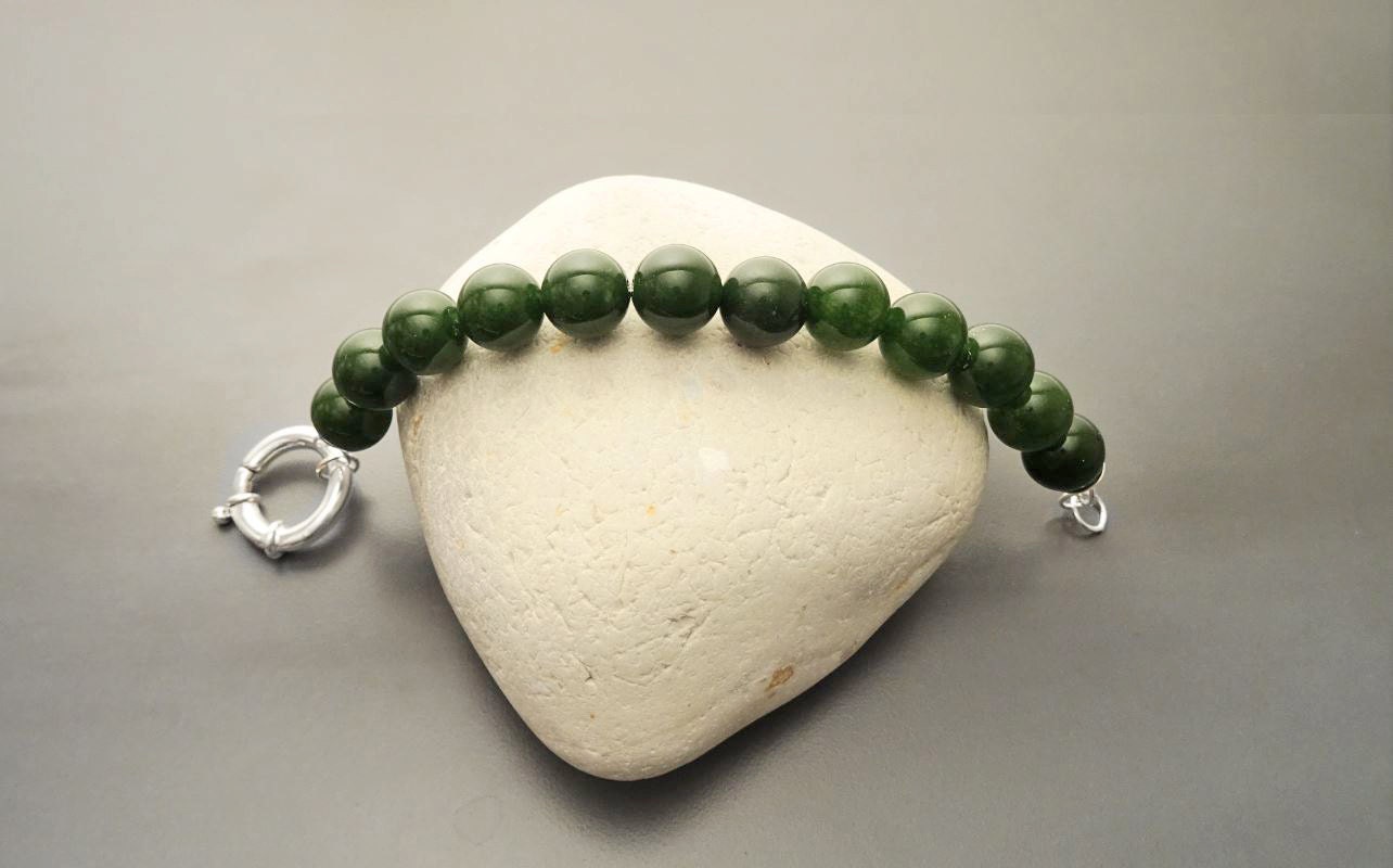 Big Green Agate Ball Bracelet, Sterling Silver Spring Clasp, Genuine Green Agate Stones Balls Beads, Gemstone Beaded 10mm Diameter Green