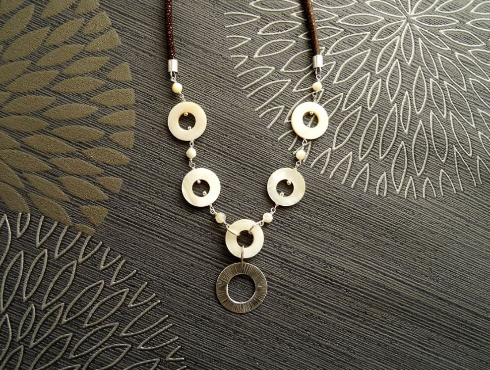 Discs Necklace, Sterling Silver, Round White Mother-of-Pearl Shell Disc, Brown Stingray Leather Jewelry, Unique Modern Round Circle Necklace