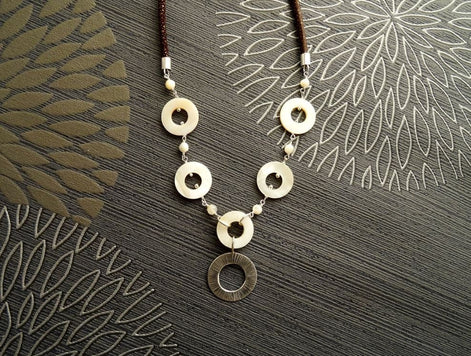 Discs Necklace, Sterling Silver, Round White Mother-of-Pearl Shell Disc, Brown Stingray Leather Jewelry, Unique Modern Round Circle Necklace