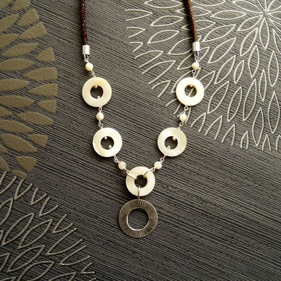 Discs Necklace, Sterling Silver, Round White Mother-of-Pearl Shell Disc, Brown Stingray Leather Jewelry, Unique Modern Round Circle Necklace