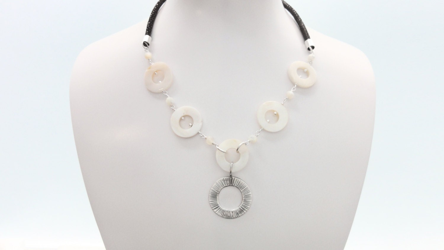 Discs Necklace, Sterling Silver, Round White Mother-of-Pearl Shell Disc, Brown Stingray Leather Jewelry, Unique Modern Round Circle Necklace