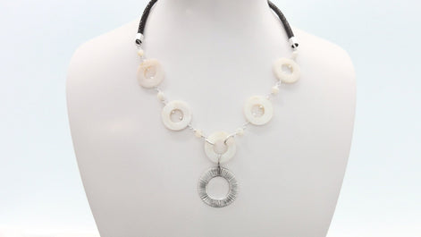 Discs Necklace, Sterling Silver, Round White Mother-of-Pearl Shell Disc, Brown Stingray Leather Jewelry, Unique Modern Round Circle Necklace