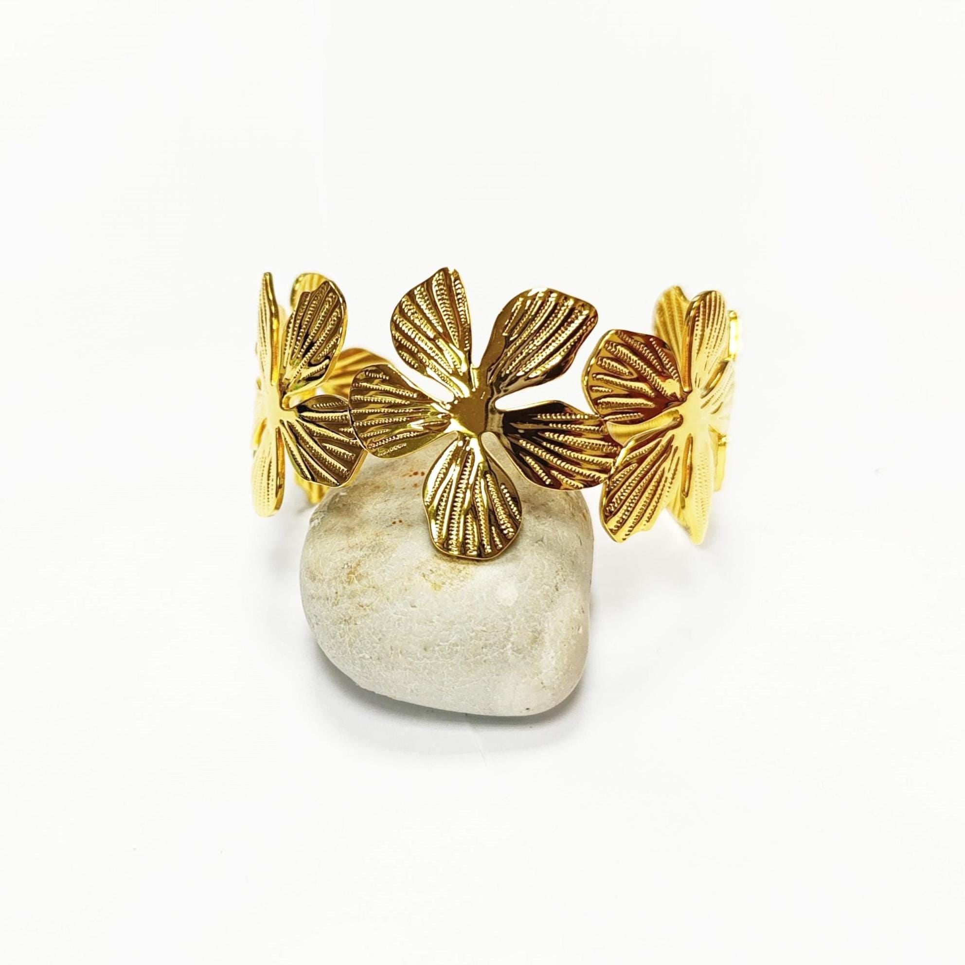 18K Gold Filled Orchid Cuff Bracelet • Floral Statement Bangle