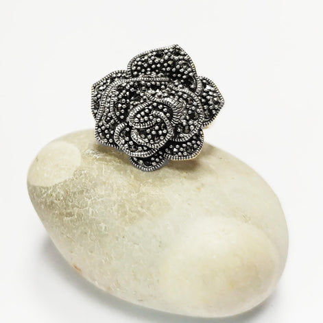 Vintage Rose Ring, Sterling Silver, Natural Marcasite Gray Stones Jewelry, Vintage Romantic Rose Flower Blossom, Bold Antique Design Gift