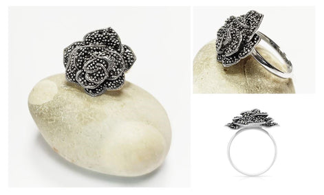 Vintage Rose Ring, Sterling Silver, Natural Marcasite Gray Stones Jewelry, Vintage Romantic Rose Flower Blossom, Bold Antique Design Gift