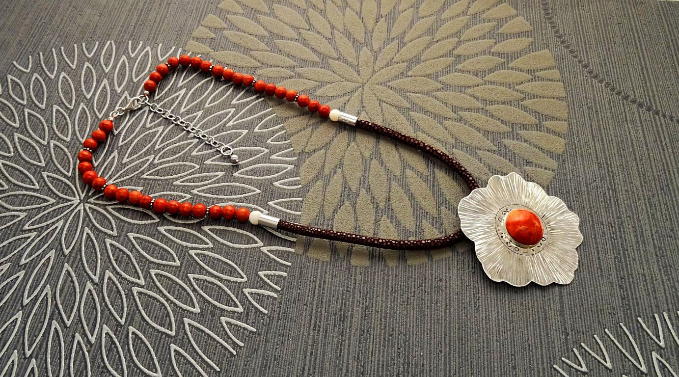 Coral Jasper Necklace, Sterling Silver Pendant, Hibiscus Flowers Pattern, Coral Cabochon, brown Stingray Leather. Unique jewelry