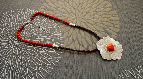 Coral Jasper Necklace, Sterling Silver Pendant, Hibiscus Flowers Pattern, Coral Cabochon, brown Stingray Leather. Unique jewelry