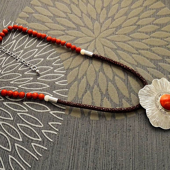 Coral Jasper Necklace, Sterling Silver Pendant, Hibiscus Flowers Pattern, Coral Cabochon, brown Stingray Leather. Unique jewelry