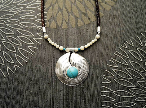 Turquoise Fish Necklace, Sterling Silver & Turquoise Stone Pendant, Engraved Asian Koi Fish Design, Leather Torque, Boho Bib Necklace