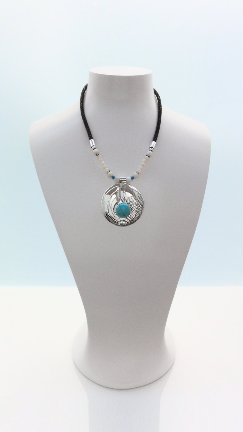 Turquoise Fish Necklace, Sterling Silver & Turquoise Stone Pendant, Engraved Asian Koi Fish Design, Leather Torque, Boho Bib Necklace