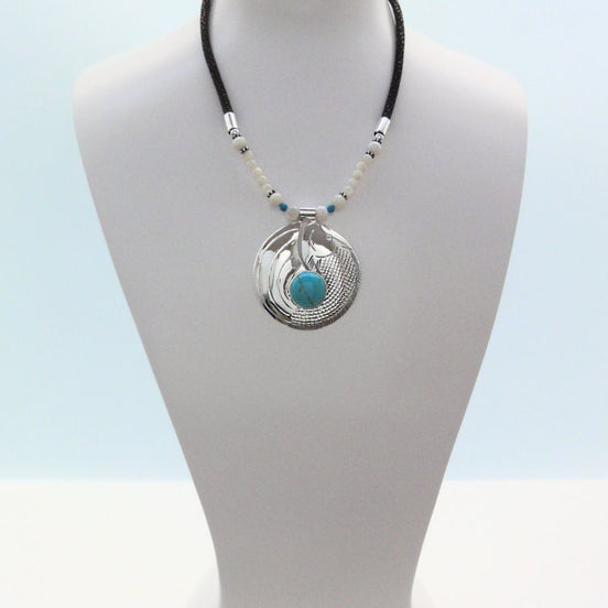 Turquoise Fish Necklace, Sterling Silver & Turquoise Stone Pendant, Engraved Asian Koi Fish Design, Leather Torque, Boho Bib Necklace