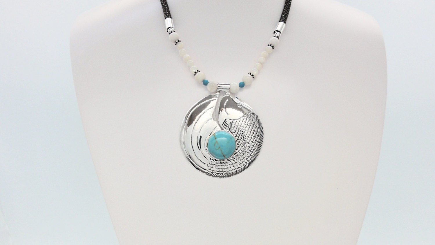 Turquoise Fish Necklace, Sterling Silver & Turquoise Stone Pendant, Engraved Asian Koi Fish Design, Leather Torque, Boho Bib Necklace