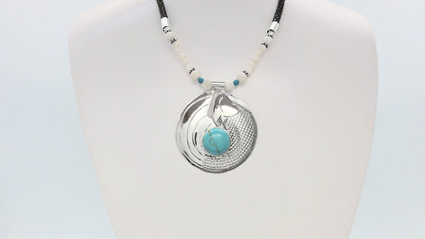 Turquoise Fish Necklace, Sterling Silver & Turquoise Stone Pendant, Engraved Asian Koi Fish Design, Leather Torque, Boho Bib Necklace