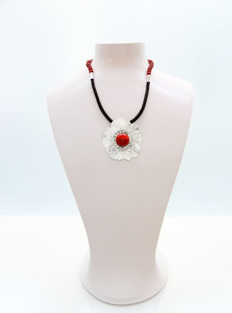 Coral Jasper Necklace, Sterling Silver Pendant, Hibiscus Flowers Pattern, Coral Cabochon, brown Stingray Leather. Unique jewelry