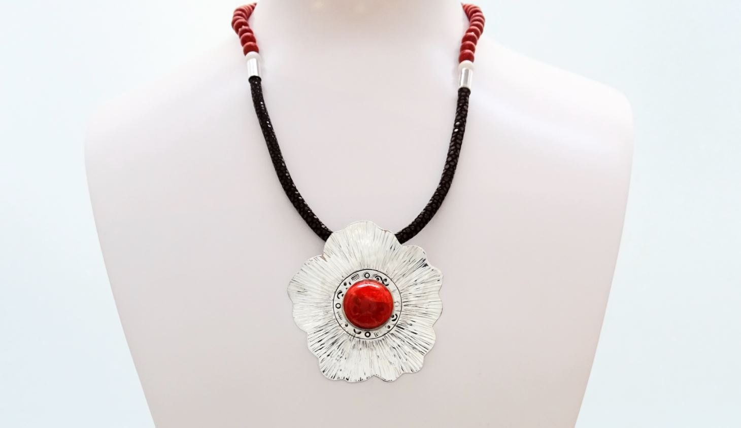 Coral Jasper Necklace, Sterling Silver Pendant, Hibiscus Flowers Pattern, Coral Cabochon, brown Stingray Leather. Unique jewelry