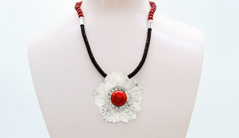 Coral Jasper Necklace, Sterling Silver Pendant, Hibiscus Flowers Pattern, Coral Cabochon, brown Stingray Leather. Unique jewelry