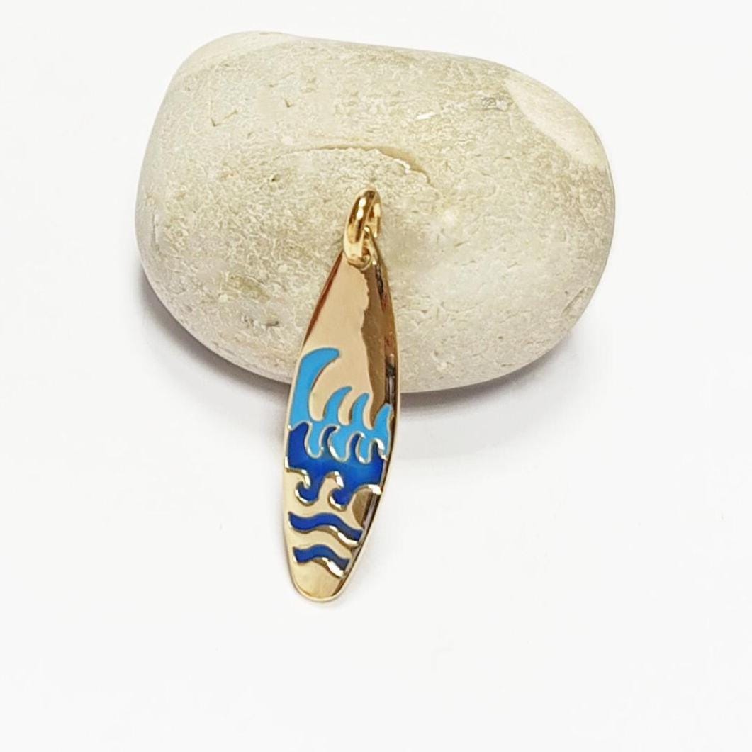 Ocean wave surfboard pendant • 18k gold plated • surfer jewelry gift • blue waves charm necklace