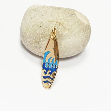 Ocean wave surfboard pendant • 18k gold plated • surfer jewelry gift • blue waves charm necklace