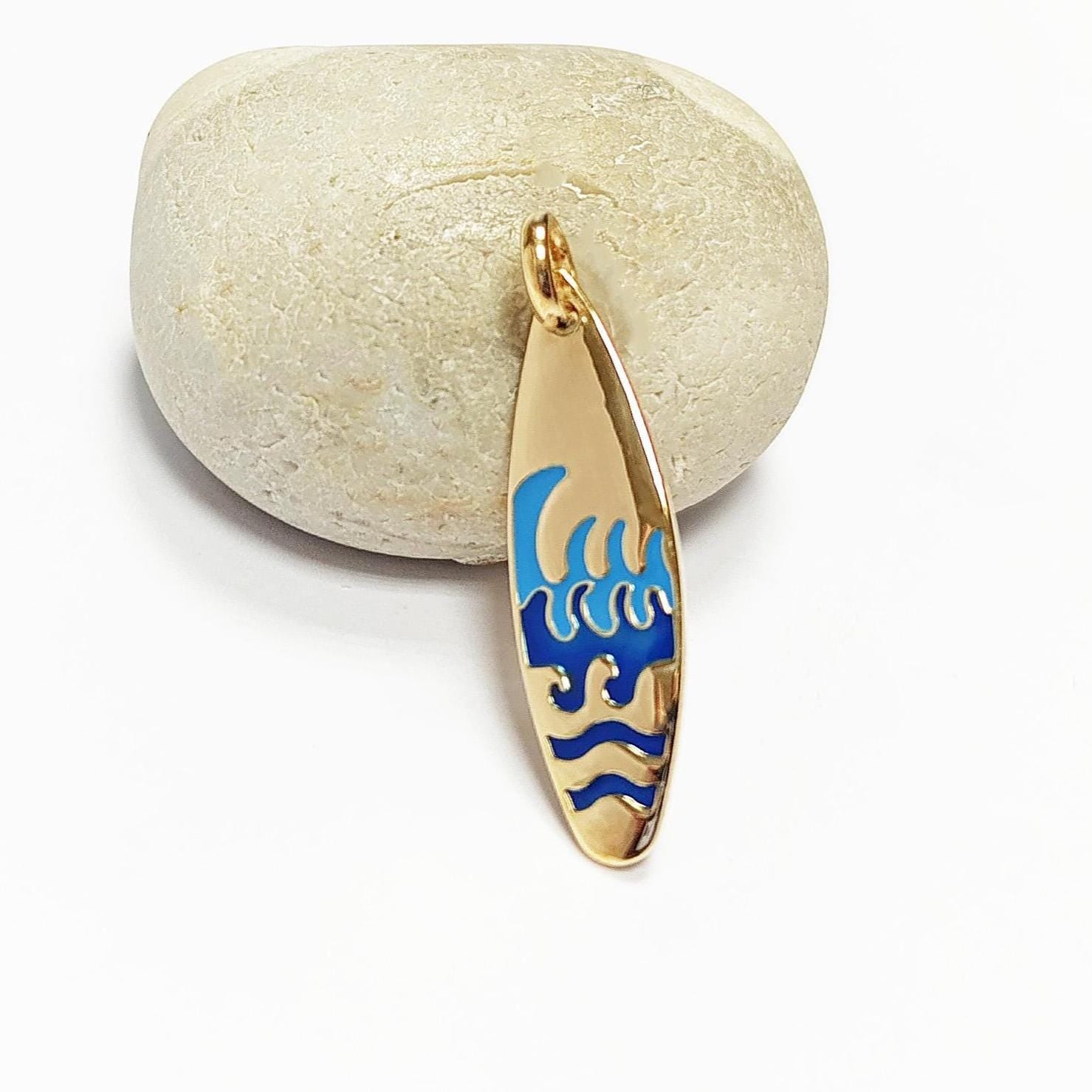 Ocean wave surfboard pendant • 18k gold plated • surfer jewelry gift • blue waves charm necklace