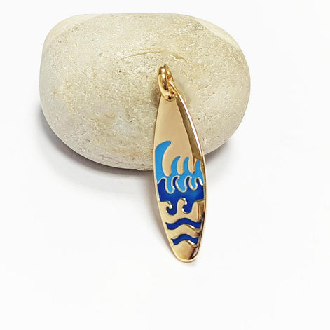 Ocean wave surfboard pendant • 18k gold plated • surfer jewelry gift • blue waves charm necklace