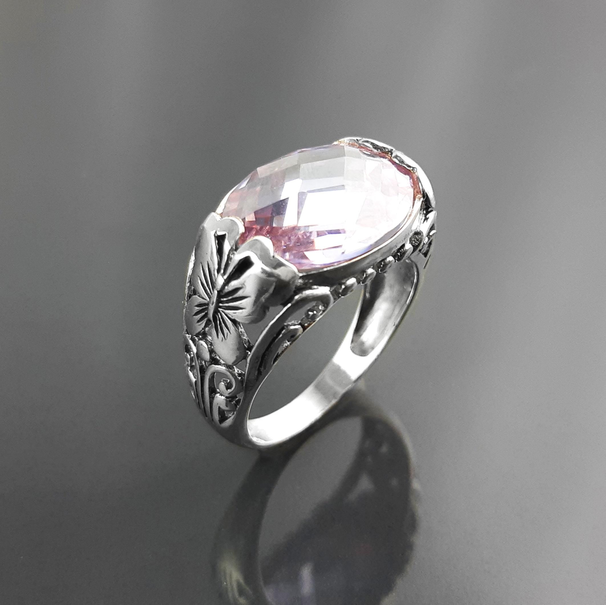 Ring 925 Sterling Silver Butterflies, Horizontal Band, Pink Lilac Amethyst Color Lab Stone (CZ) , Butterfly Ring, XL size