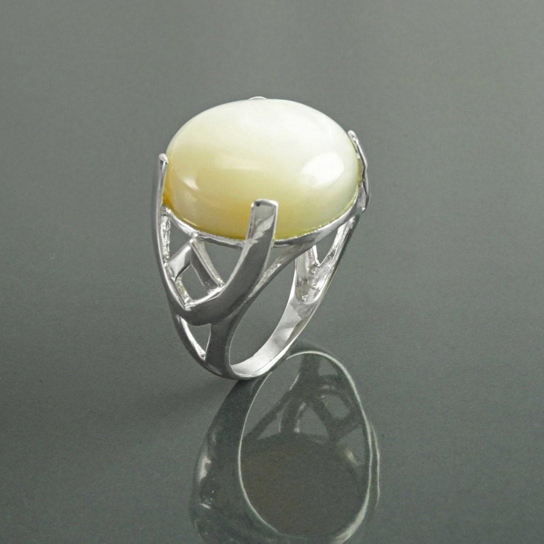 Modern Shell Ring, Sterling Silver, GENUINE Round White Mother of Pearl, Unique Designer Ring, Pearl Jewelry, Original Stone Ring