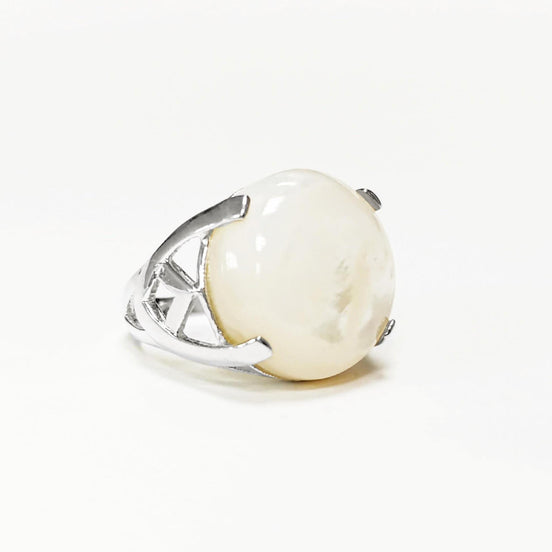 Modern Shell Ring, Sterling Silver, GENUINE Round White Mother of Pearl, Unique Designer Ring, Pearl Jewelry, Original Stone Ring