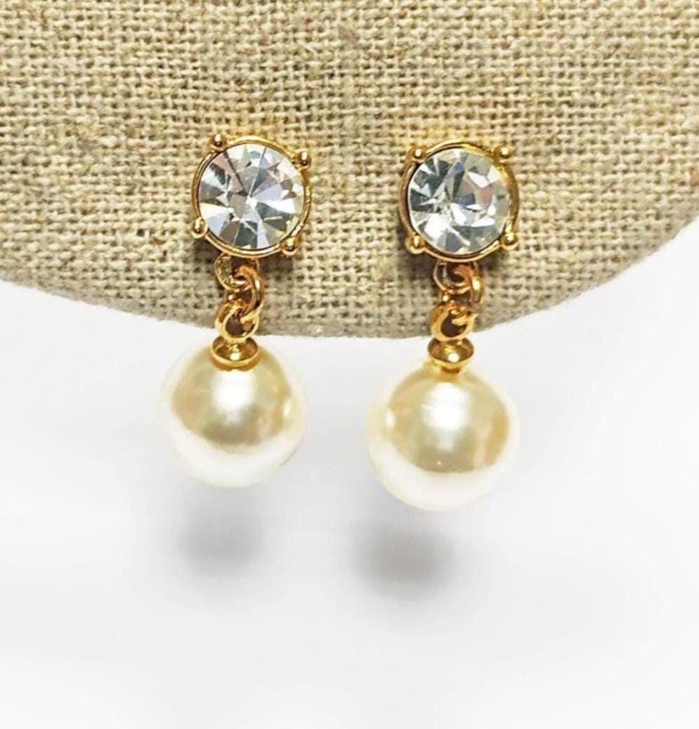 Elegant Crystal and Pearl Drop Earrings by KRAMIKE • 18K Gold-Plated • 10MM Pearl Jewelry.