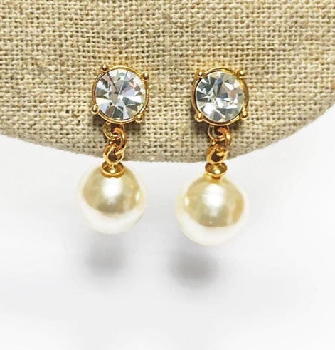 Elegant Crystal and Pearl Drop Earrings by KRAMIKE • 18K Gold-Plated • 10MM Pearl Jewelry.