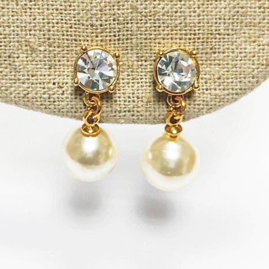 Elegant Crystal and Pearl Drop Earrings by KRAMIKE • 18K Gold-Plated • 10MM Pearl Jewelry.