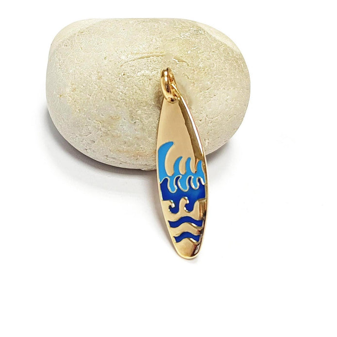 Ocean wave surfboard pendant • 18k gold plated • surfer jewelry gift • blue waves charm necklace