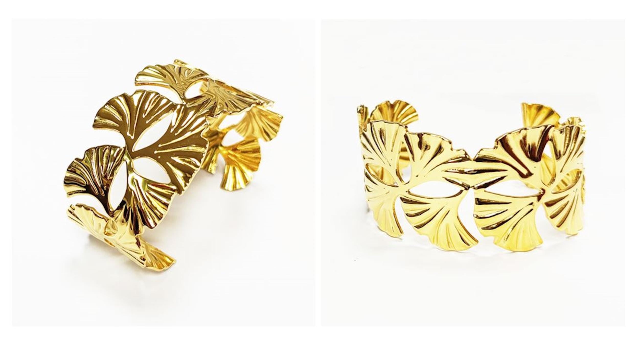 18K Gold Filled Ginkgo Leaf Cuff Bracelet • Nature Inspired Bangle