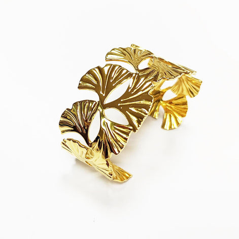 18K Gold Filled Ginkgo Leaf Cuff Bracelet • Nature Inspired Bangle
