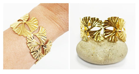 18K Gold Filled Ginkgo Leaf Cuff Bracelet • Nature Inspired Bangle