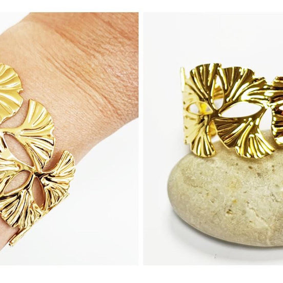 18K Gold Filled Ginkgo Leaf Cuff Bracelet • Nature Inspired Bangle