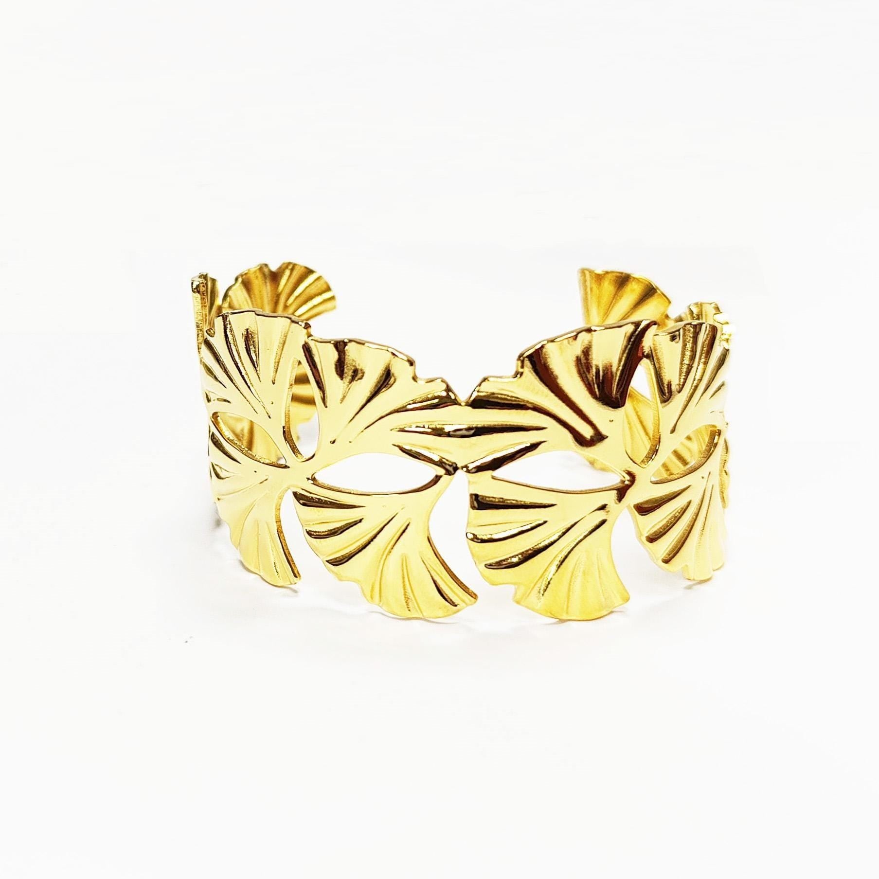 18K Gold Filled Ginkgo Leaf Cuff Bracelet • Nature Inspired Bangle