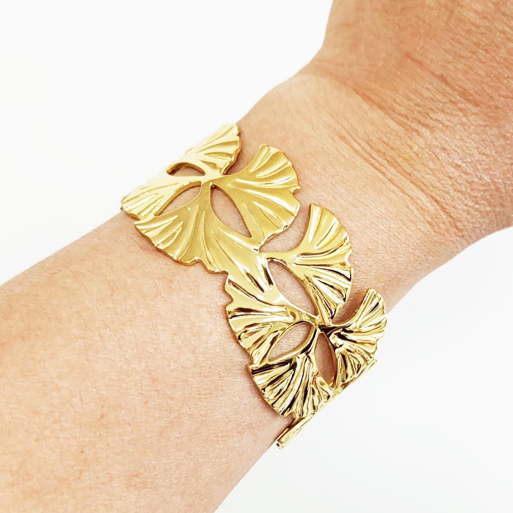 18K Gold Filled Ginkgo Leaf Cuff Bracelet • Nature Inspired Bangle