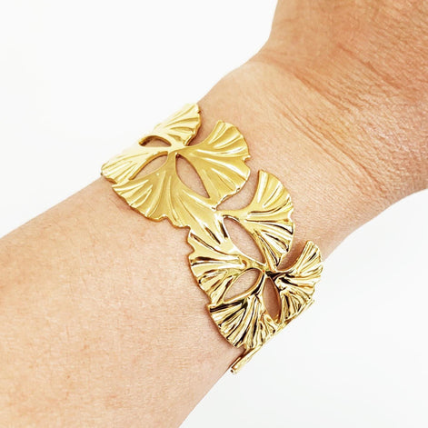 18K Gold Filled Ginkgo Leaf Cuff Bracelet • Nature Inspired Bangle