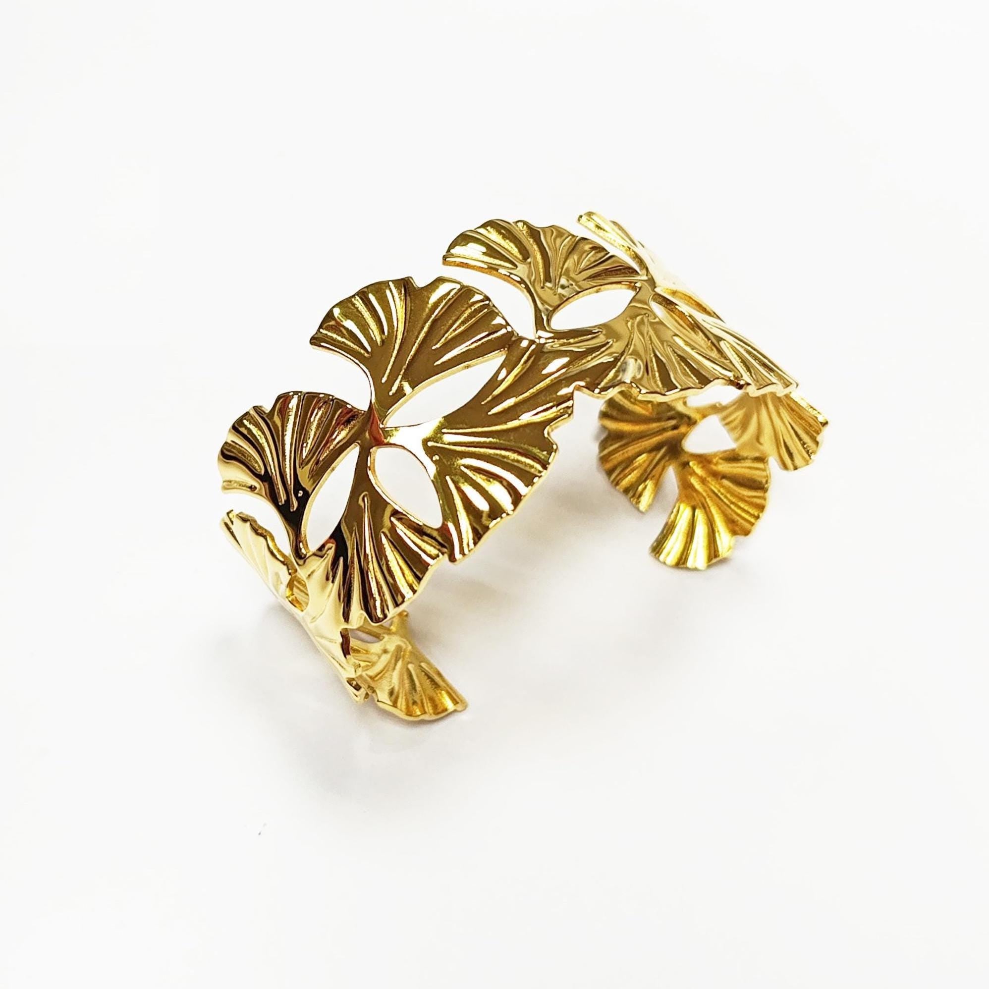 18K Gold Filled Ginkgo Leaf Cuff Bracelet • Nature Inspired Bangle