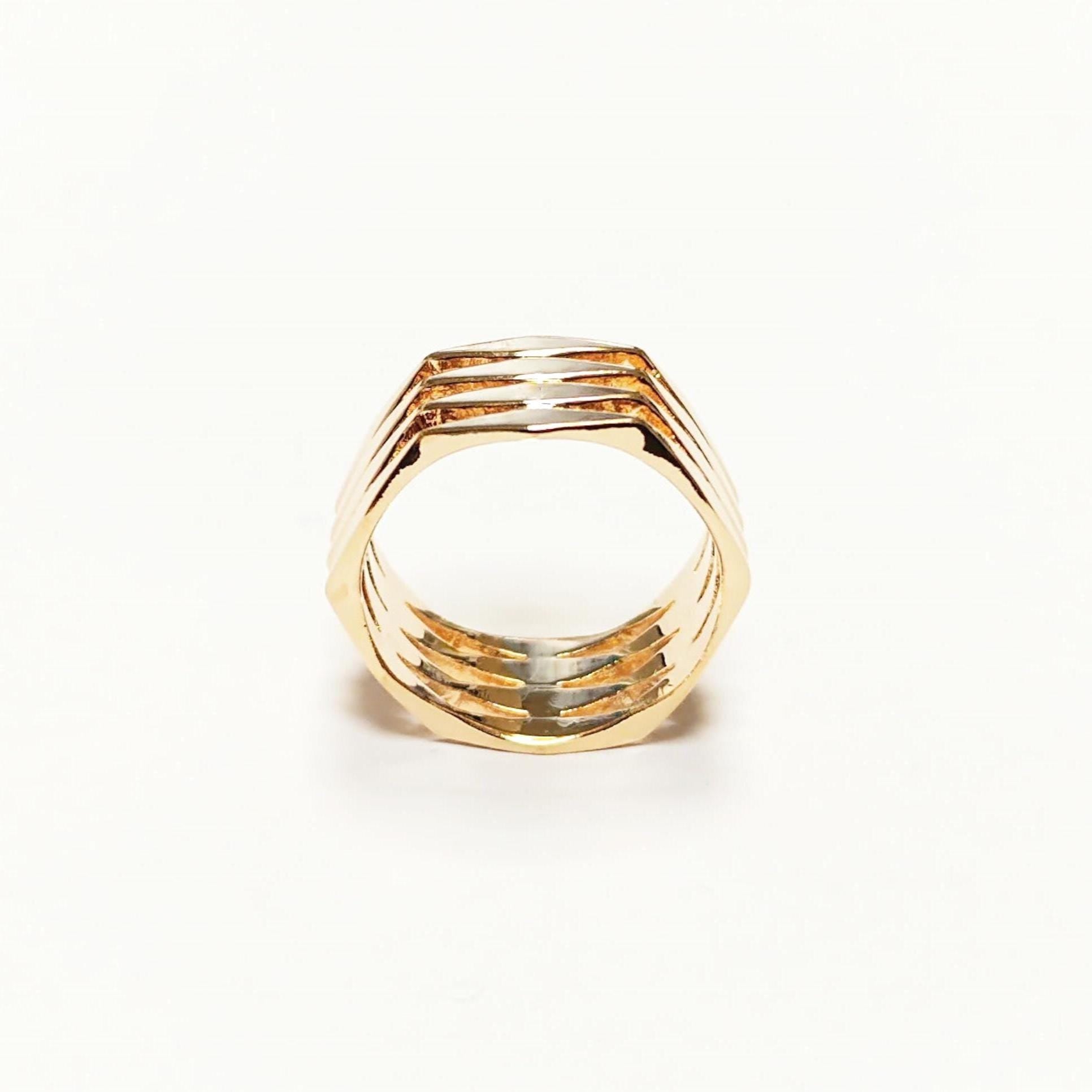 Hexagon Cuff Ring • 18K Gold Plated • Bold Geometric Diamond Faceted Chunky Large Band Ring • Unique Statement Modern Fashion Gift for Women
