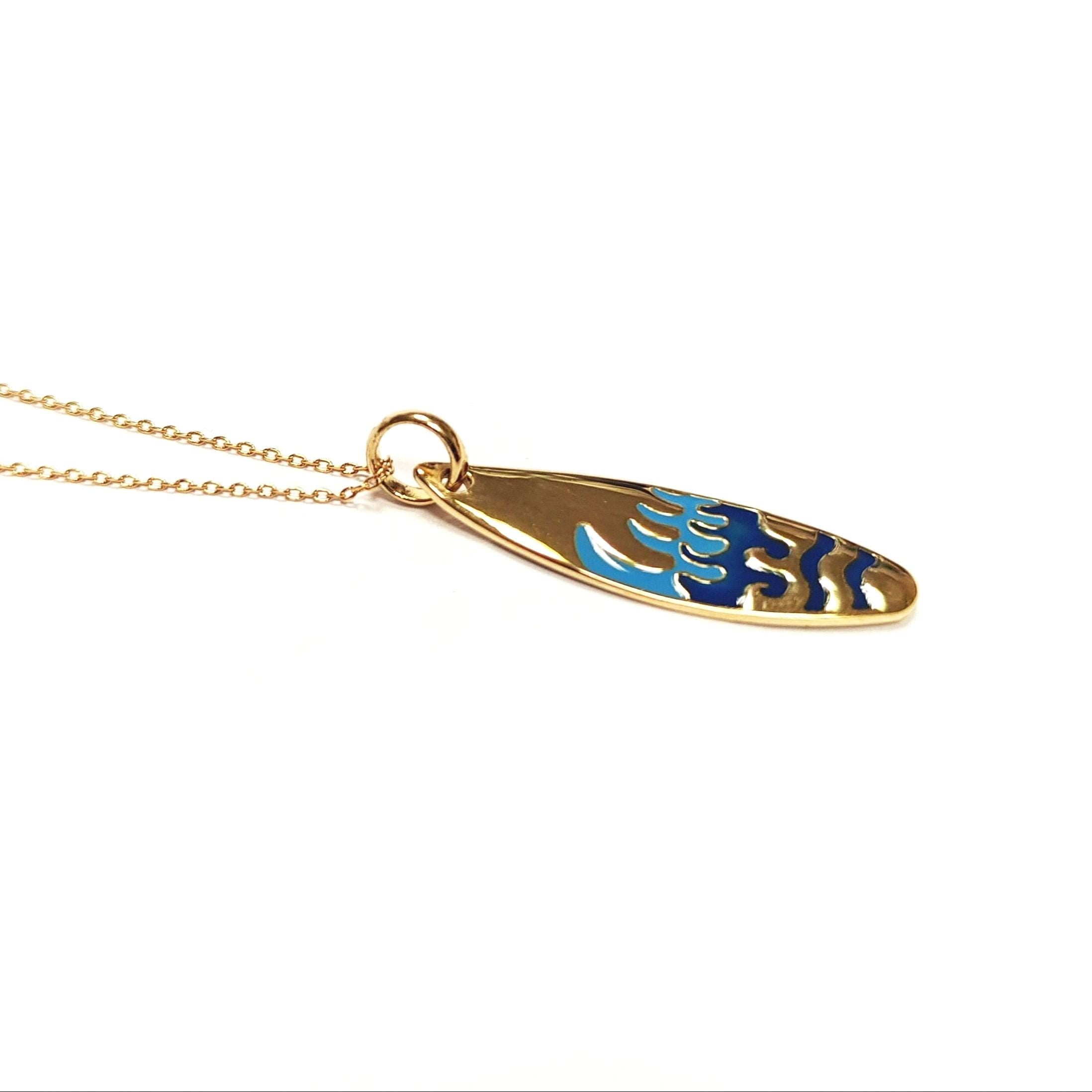 Ocean wave surfboard pendant • 18k gold plated • surfer jewelry gift • blue waves charm necklace