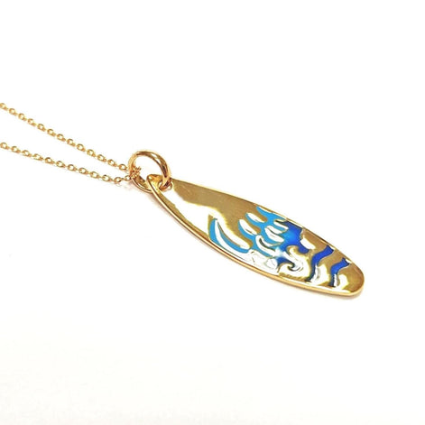 Ocean wave surfboard pendant • 18k gold plated • surfer jewelry gift • blue waves charm necklace