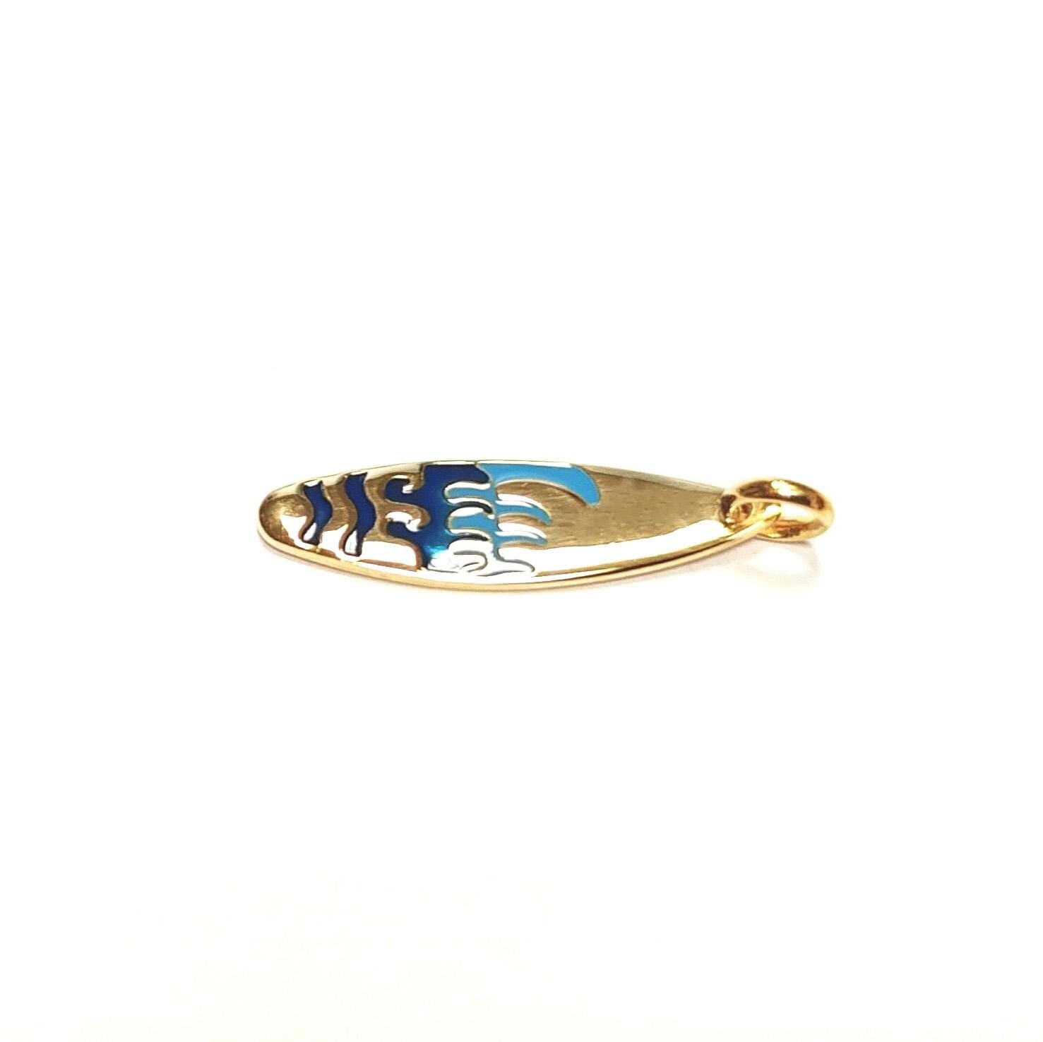 Ocean wave surfboard pendant • 18k gold plated • surfer jewelry gift • blue waves charm necklace