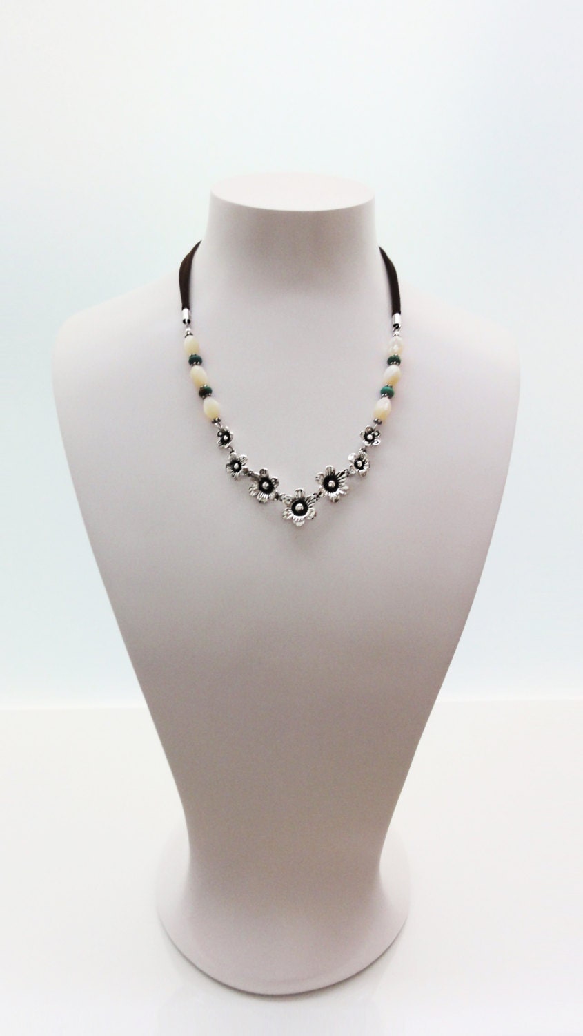 Flowers Necklace, Sterling Silver, Brown Leather Cord, White Oval Shell and Turquoise Beads, Boho Country Flower Engraved Design