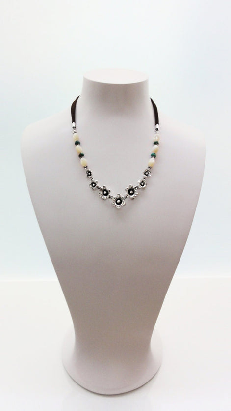 Flowers Necklace, Sterling Silver, Brown Leather Cord, White Oval Shell and Turquoise Beads, Boho Country Flower Engraved Design
