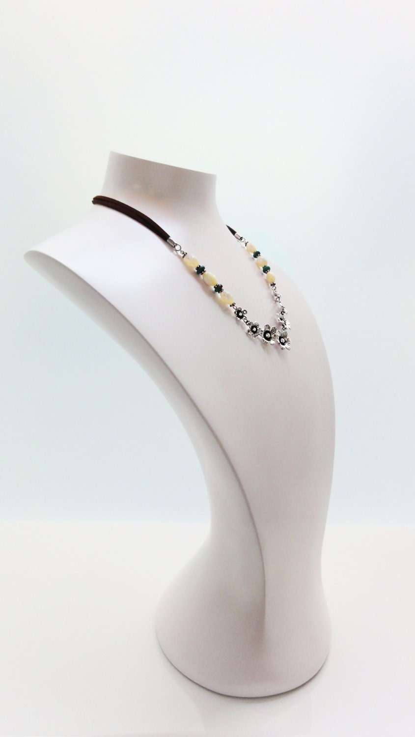 Flowers Necklace, Sterling Silver, Brown Leather Cord, White Oval Shell and Turquoise Beads, Boho Country Flower Engraved Design