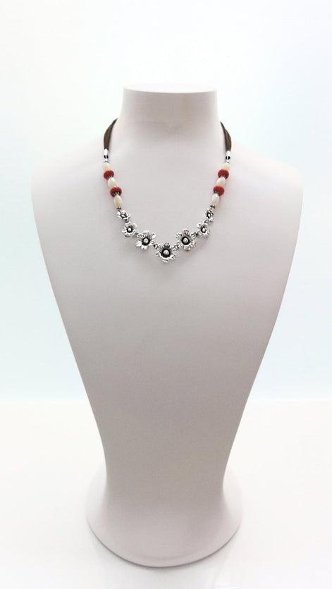 Boho Daisy Flowers Necklace, Sterling Silver and Leather, Shell Pearl, Red Jasper Stones Beads