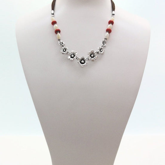 Boho Daisy Flowers Necklace, Sterling Silver and Leather, Shell Pearl, Red Jasper Stones Beads