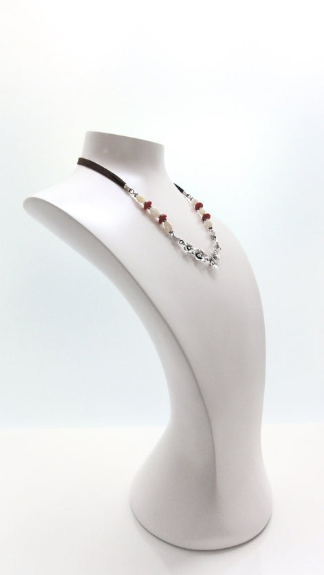 Boho Daisy Flowers Necklace, Sterling Silver and Leather, Shell Pearl, Red Jasper Stones Beads
